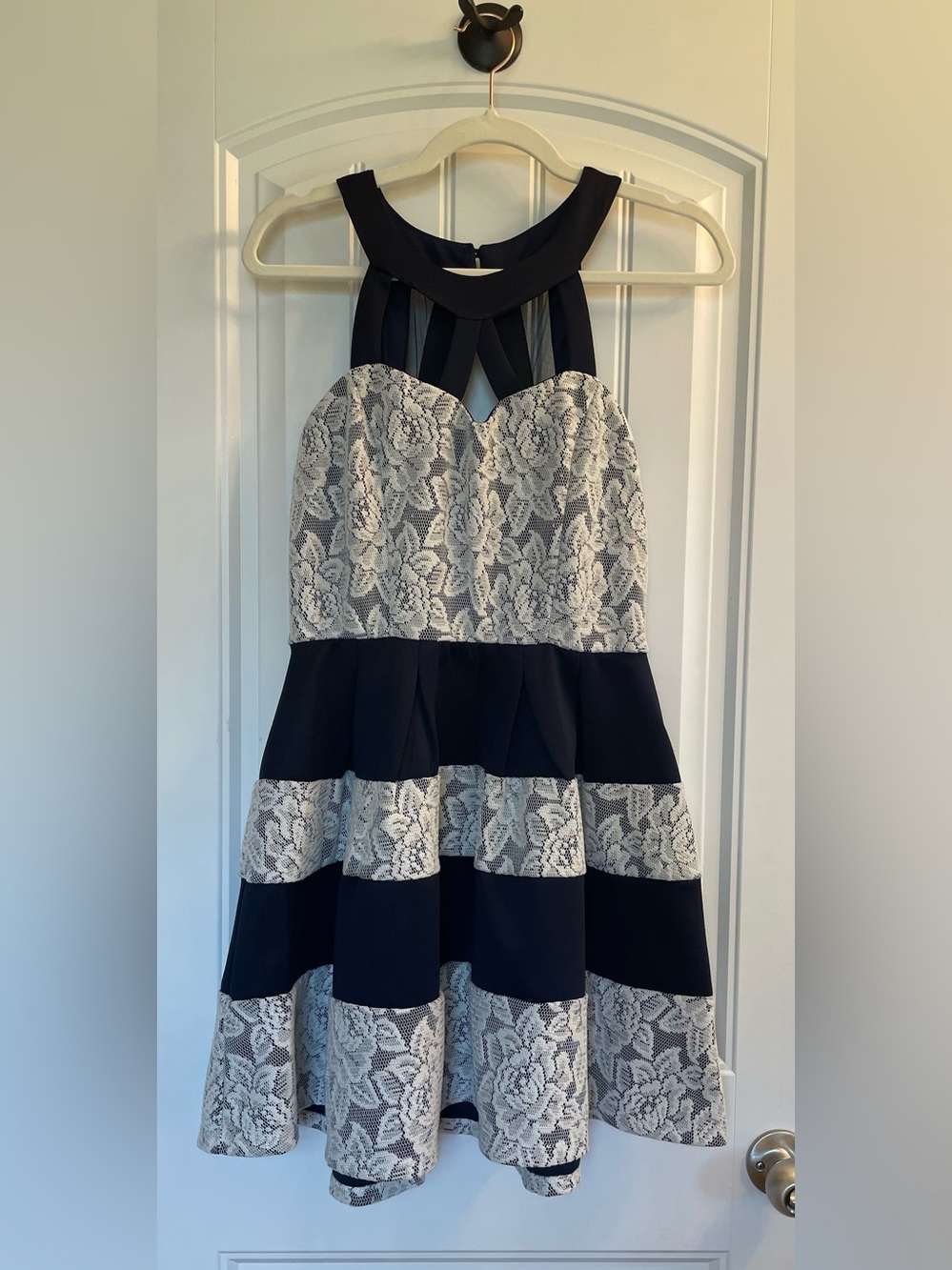 Crystal Doll Black and White Lace Fit & Flare Mini Dress